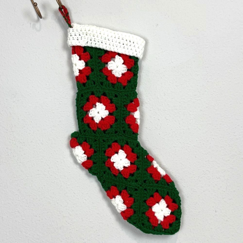 Vintage Handmade Granny Square Knit Christmas Stocking Green & Red